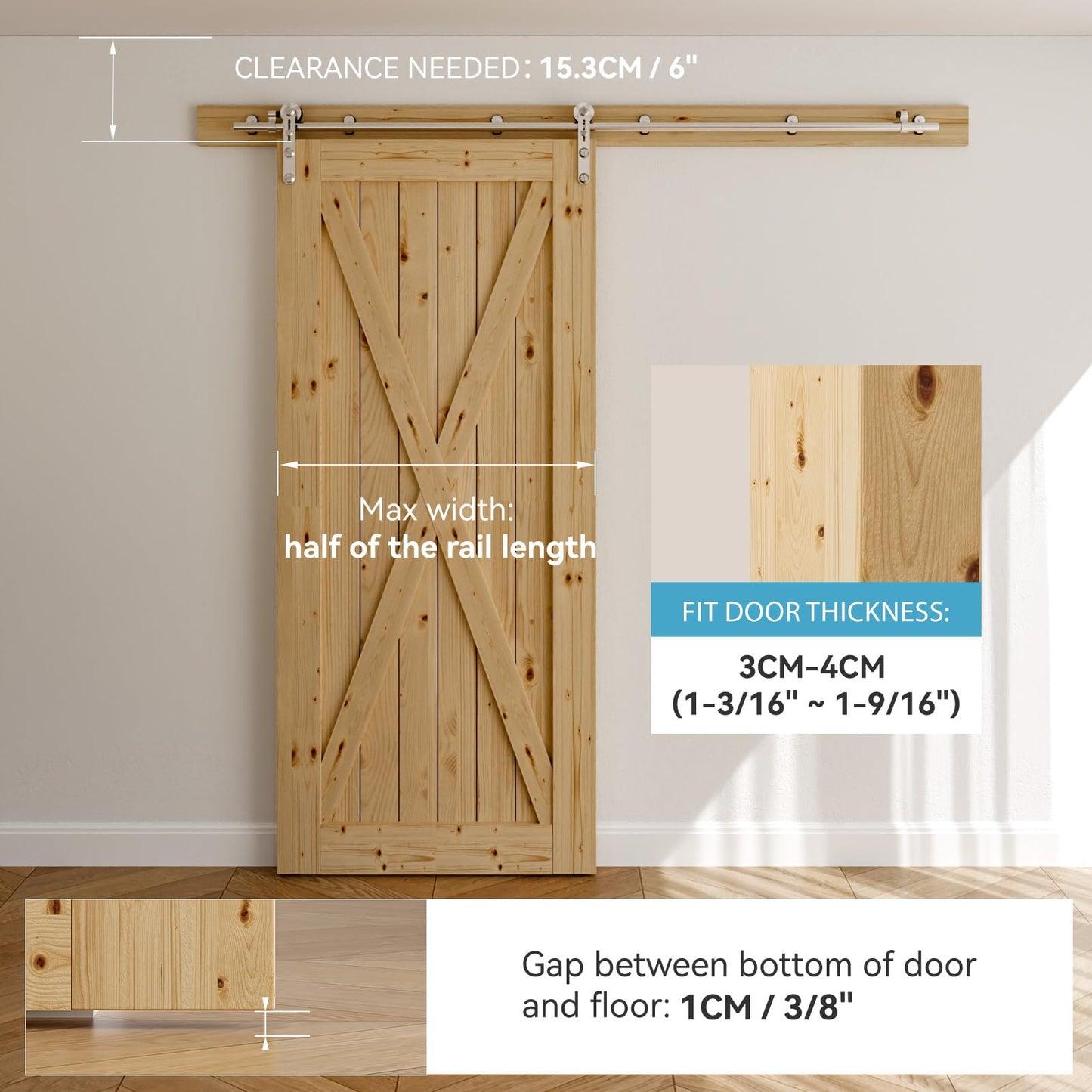 Schiebetürbeschlag Edelstahl 200cm Schiebetüren Schiebetürsystem Komplettset Laufschiene Rollen Set für 1 Holztür 100cm Breit, I Form