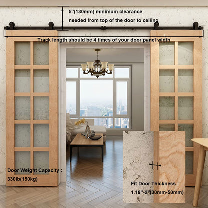 Schiebetürbeschlag Doppeltür 305cm Schiebetüren Schiebetürsystem Komplettset Laufschiene Rollen Set Schwarz für 2 Holztür 76cm Breit, Kleine Rolle in T-Form[