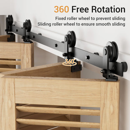 214cm/7FT Bifold Schiebetürbeschlag Schiebetüren Schiebetürsystem Komplettset Laufschiene Rollen Set Schwarz für 4 Holztür 52cm Top Mount T Rad