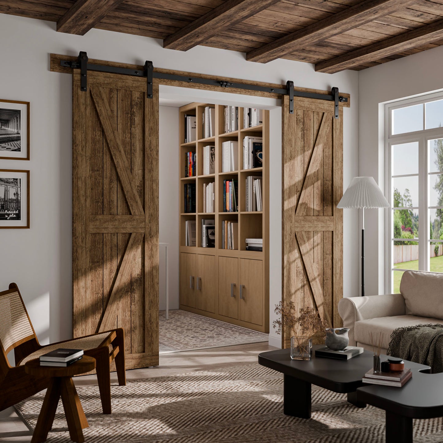 Schiebetürbeschlag Doppeltür 366cm Schiebetüren Schiebetürsystem Komplettset Laufschiene Rollen Set Schwarz für 2 Holztür 91cm Breit, Kleine Rolle in J-Form