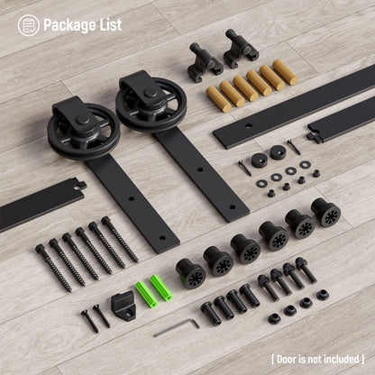 Schiebetürbeschlag 214cm Schiebetüren Schiebetürsystem Komplettset Laufschiene Rollen Set Schwarz für 1 Holztür 107cm Breit, Mittlere Rolle in J-Form
