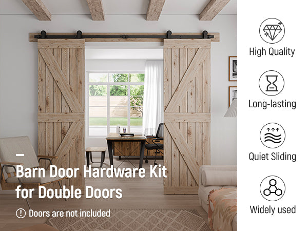 Schiebetürbeschlag Doppeltür 305cm Schiebetüren Schiebetürsystem Komplettset Laufschiene Rollen Set Schwarz für 2 Holztür 76cm Breit, Kleine Rolle in T-Form[