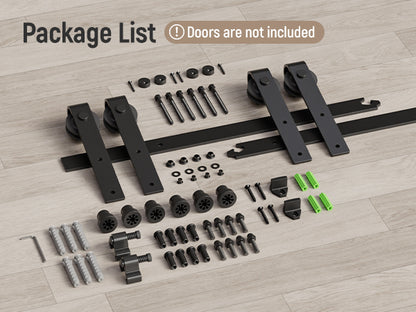 Schiebetürbeschlag Doppeltür 366cm Schiebetüren Schiebetürsystem Komplettset Laufschiene Rollen Set Schwarz für 2 Holztür 91cm Breit, Kleine Rolle in J-Form