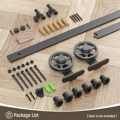 Schiebetürbeschlag 173cm Schiebetüren Schiebetürsystem Komplettset Laufschiene Rollen Set Schwarz für 1 Holztür 86cm Breit, Mittlere Rolle in T-Form