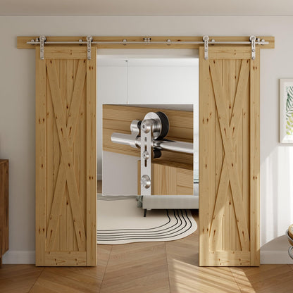 Schiebetürbeschlag Edelstahl Doppeltür 244cm Schiebetüren Schiebetürsystem Komplettset Laufschiene Rollen Set für 2 Holztür 61cm Breit, I Form