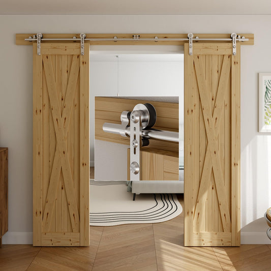 Schiebetürbeschlag Edelstahl Doppeltür 244cm Schiebetüren Schiebetürsystem Komplettset Laufschiene Rollen Set für 2 Holztür 61cm Breit, I Form