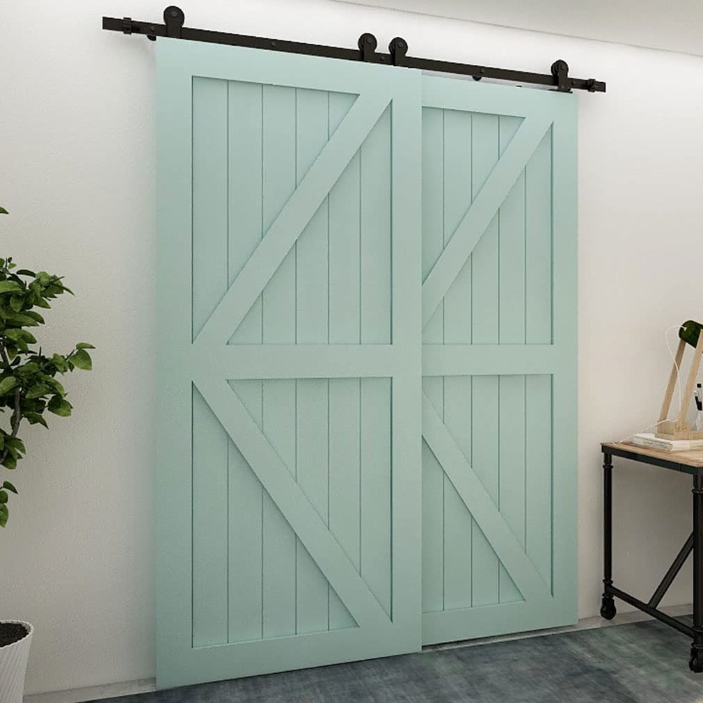 Schiebetürbeschlag Bypass Doppeltür 9.6FT/295CM Schiebetüren Schiebetürsystem Komplettset Laufschiene Rollen Set Schwarz für 2 Holztür 141cm Breit, T-Form