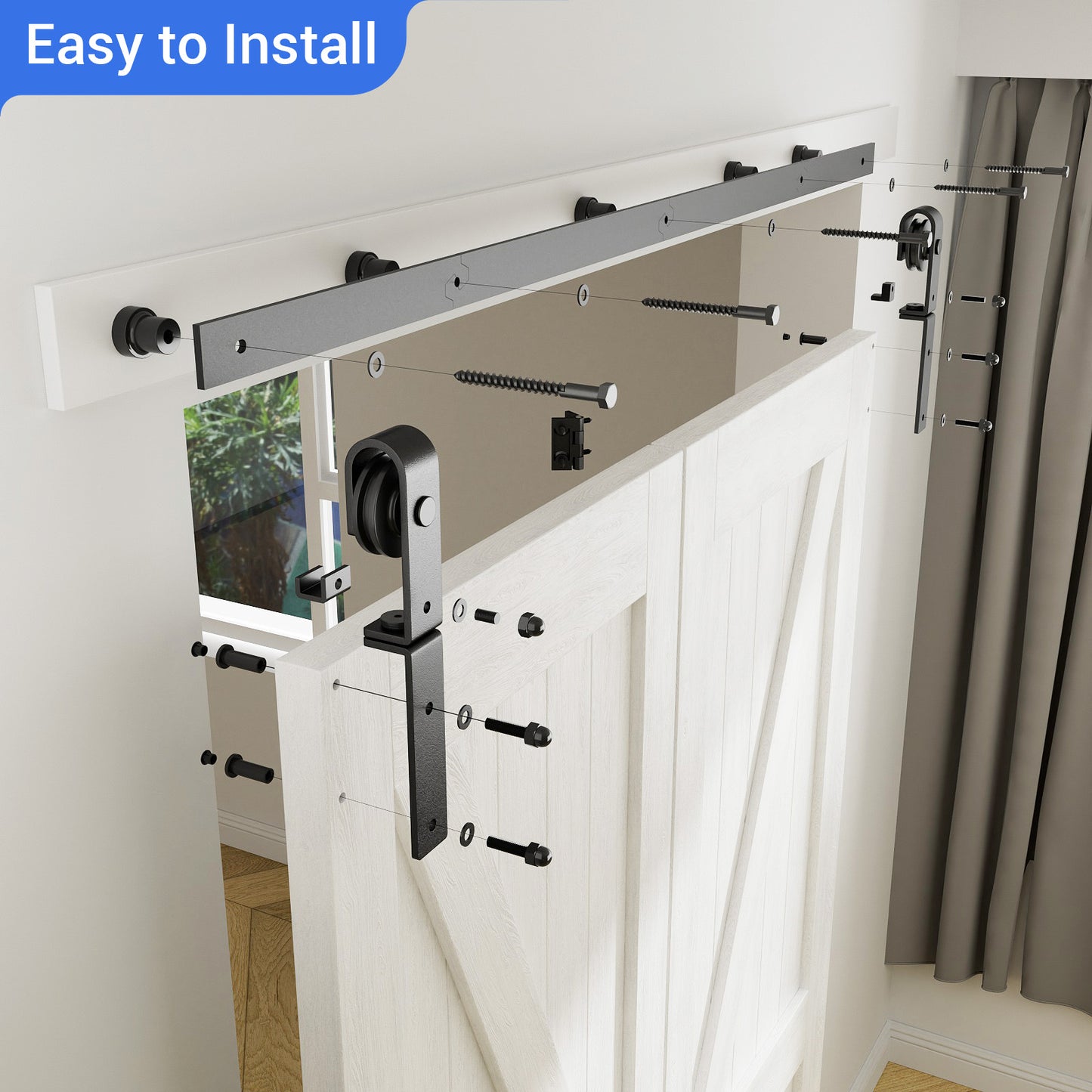 92cm/3FT Bifold Schiebetürbeschlag Schiebetüren Schiebetürsystem Komplettset Laufschiene Rollen Set Schwarz für 2 Holztür 43cm Top Mount T Rad