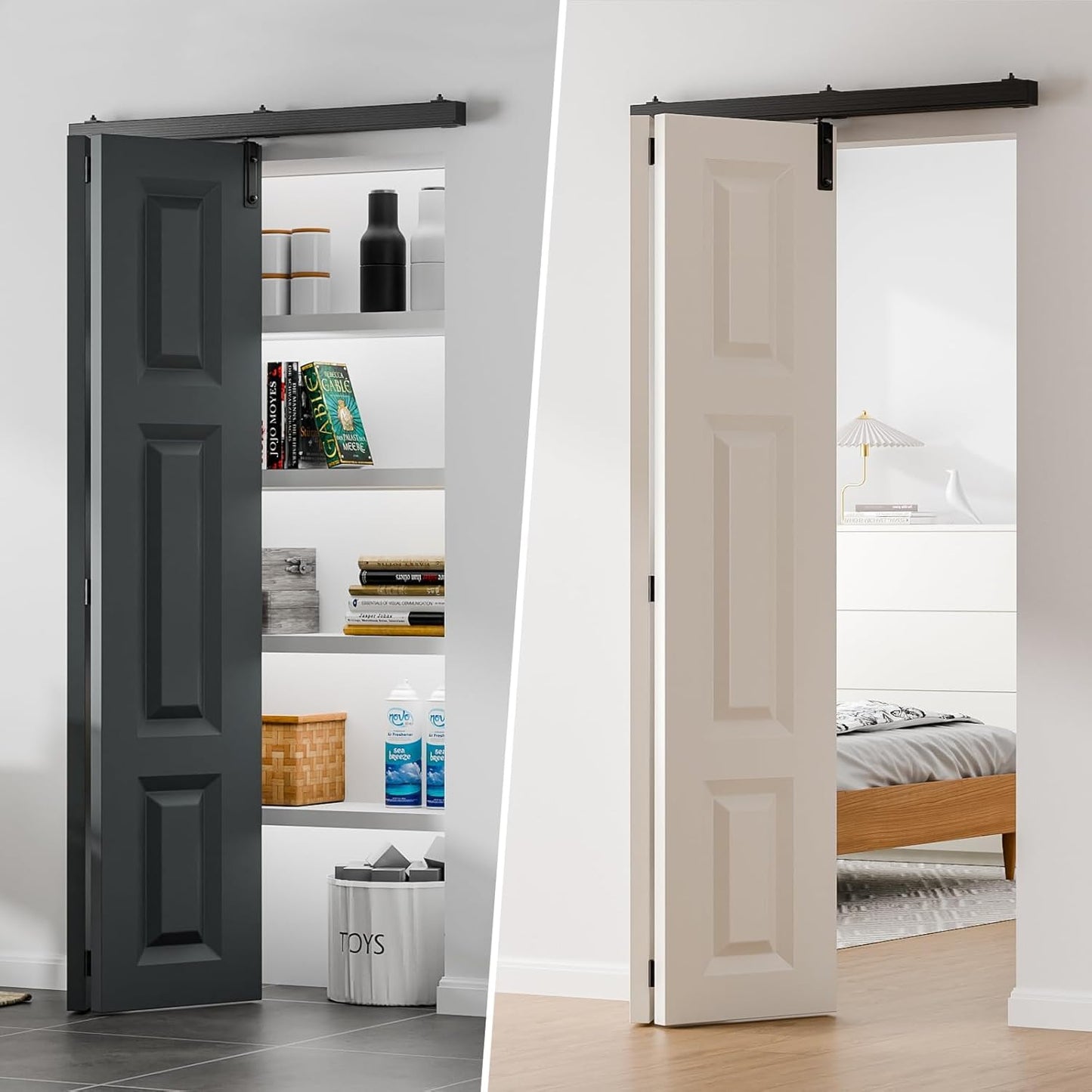 BONIKLUBA Box Rail Bi-Folding Sliding Barn Door Hardware Kit for 2 Door,Wall Mount,Smoothly and Quiet,Easy to Install,No Door