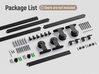 Schiebetürbeschlag Doppeltür 244cm Schiebetüren Schiebetürsystem Komplettset Laufschiene Rollen Set Schwarz für 2 Holztür 61cm Breit, Kleine Rolle in T-Form