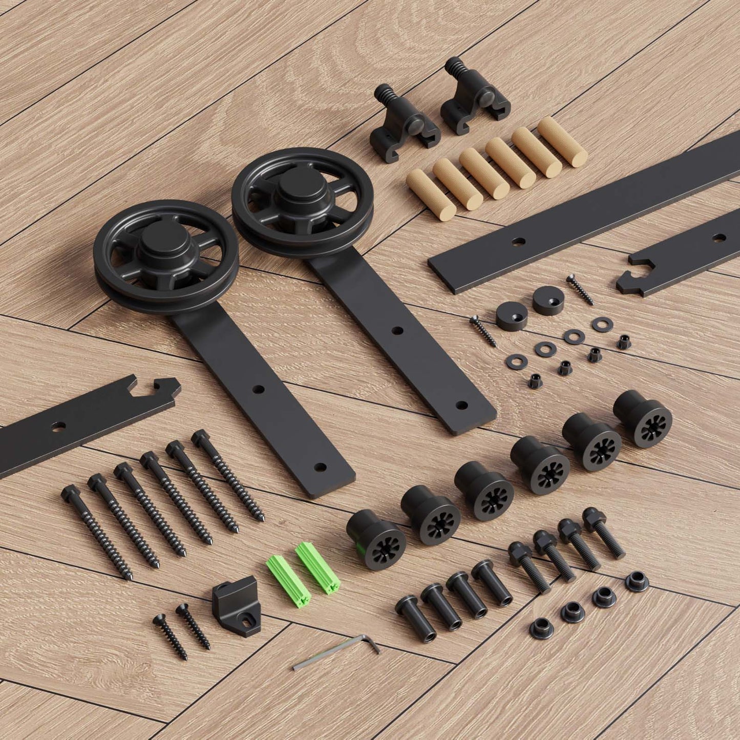 Schiebetürbeschlag 153cm Schiebetüren Schiebetürsystem Komplettset Laufschiene Rollen Set Schwarz für 1 Holztür 76cm Breit, Mittlere Rolle in I-Form