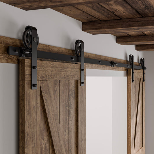 Schiebetürbeschlag Doppeltür 366cm Schiebetüren Schiebetürsystem Komplettset Laufschiene Rollen Set Schwarz für 2 Holztür 91cm Breit, Mittlere Rolle in J-Form