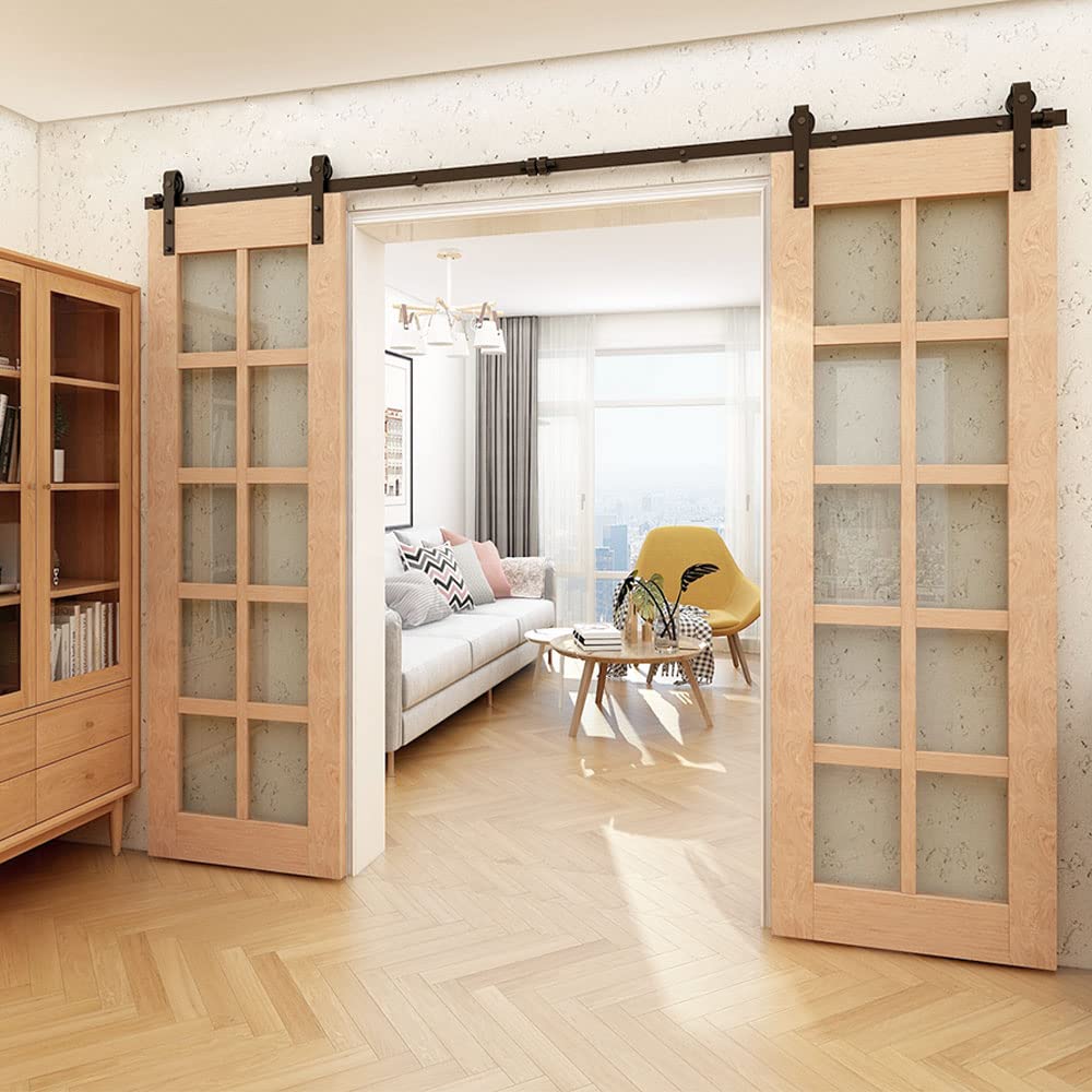 Schiebetürbeschlag Doppeltür 396cm Schiebetüren Schiebetürsystem Komplettset Laufschiene Rollen Set Schwarz für 2 Holztür 99cm Breit, Kleine Rolle in J-Form