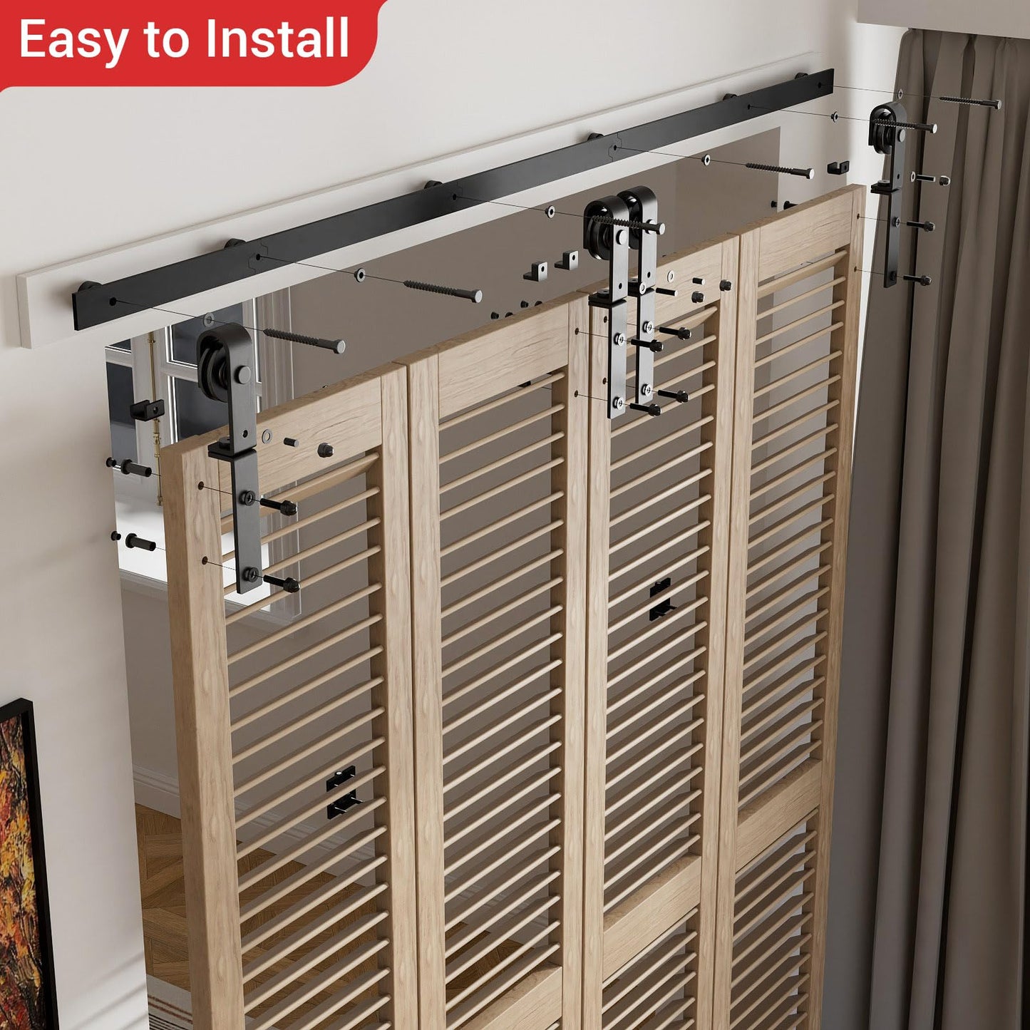 305cm/10FT Bifold Schiebetürbeschlag Schiebetüren Schiebetürsystem Komplettset Laufschiene Rollen Set Schwarz für 4 Holztür 75cm Breit