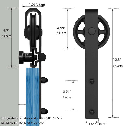 Schiebetürbeschlag Doppeltür 366cm Schiebetüren Schiebetürsystem Komplettset Laufschiene Rollen Set Schwarz für 2 Holztür 91cm Breit, Mittlere Rolle in J-Form