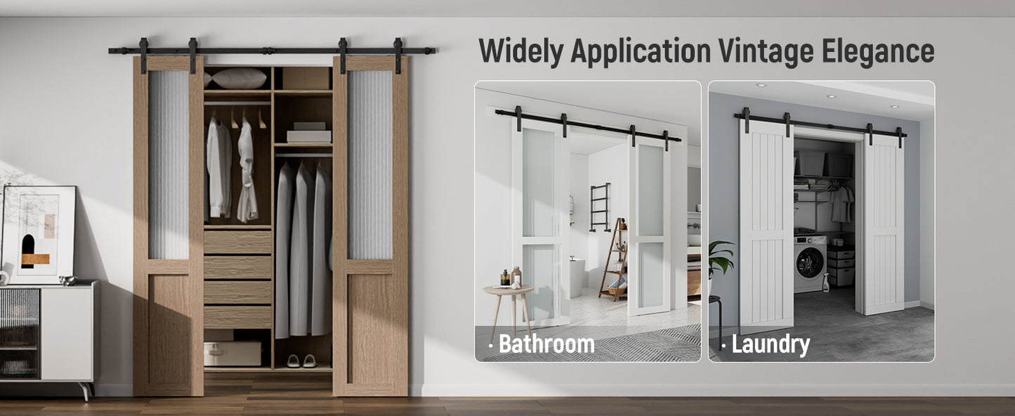 Schiebetürbeschlag Doppeltür 366cm Schiebetüren Schiebetürsystem Komplettset Laufschiene Rollen Set Schwarz für 2 Holztür 91cm Breit, Kleine Rolle in J-Form