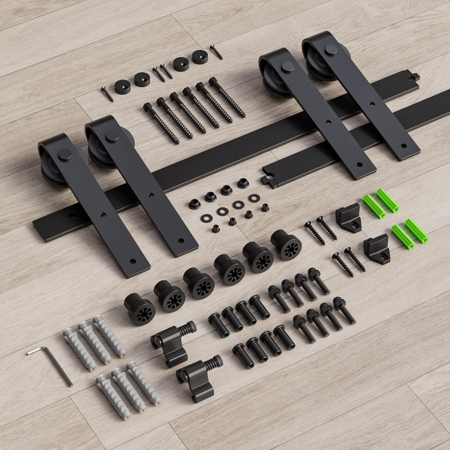 Schiebetürbeschlag Doppeltür 396cm Schiebetüren Schiebetürsystem Komplettset Laufschiene Rollen Set Schwarz für 2 Holztür 99cm Breit, Kleine Rolle in J-Form