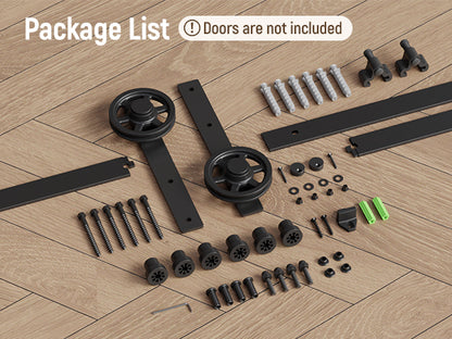 Schiebetürbeschlag 153cm Schiebetüren Schiebetürsystem Komplettset Laufschiene Rollen Set Schwarz für 1 Holztür 76cm Breit, Mittlere Rolle in I-Form