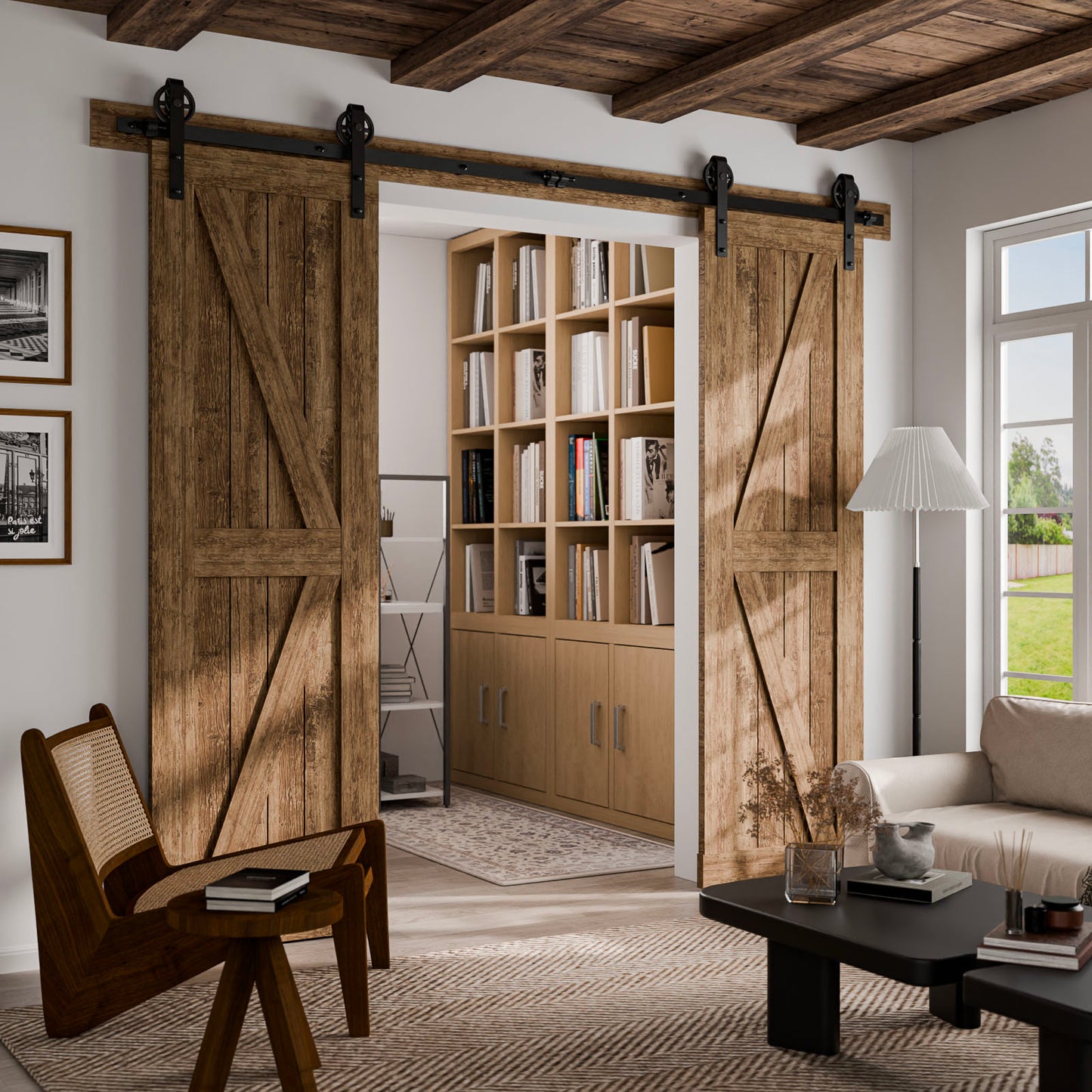 Schiebetürbeschlag Doppeltür 366cm Schiebetüren Schiebetürsystem Komplettset Laufschiene Rollen Set Schwarz für 2 Holztür 91cm Breit, Mittlere Rolle in J-Form