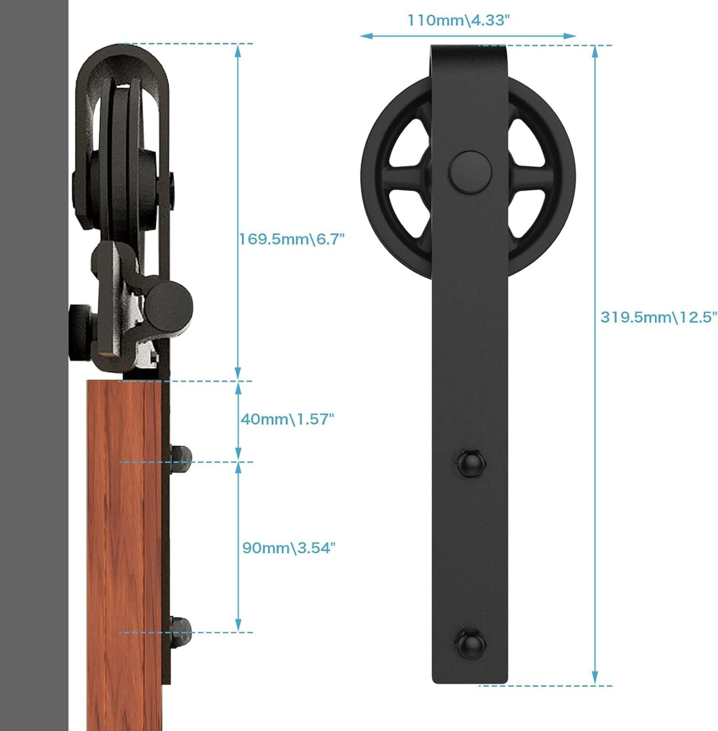 Schiebetürbeschlag 244cm Schiebetüren Schiebetürsystem Komplettset Laufschiene Rollen Set Schwarz für 1 Holztür 122cm Breit, Mittlere Rolle in J-Form