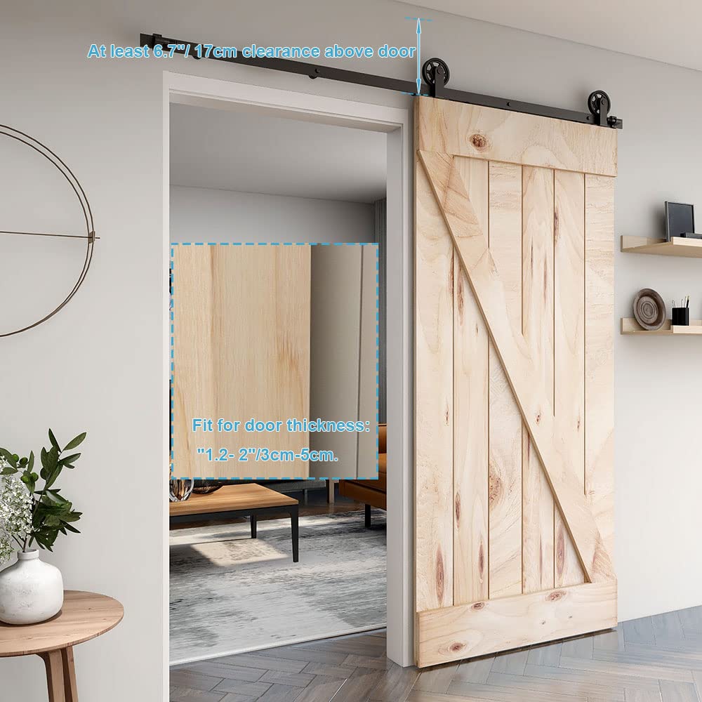 Schiebetürbeschlag 183cm Schiebetüren Schiebetürsystem Komplettset Laufschiene Rollen Set Schwarz für 1 Holztür 91cm Breit, Mittlere Rolle in T-Form