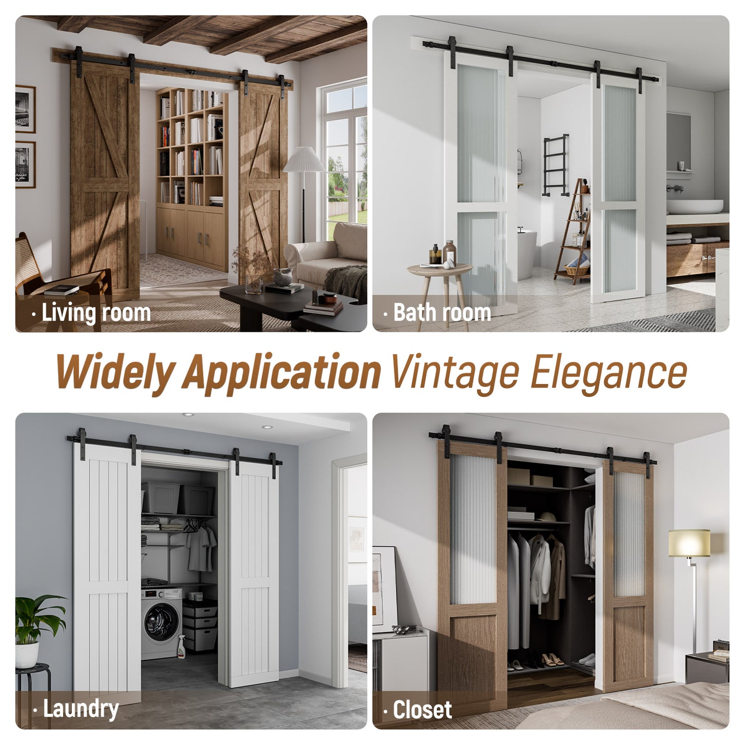 Schiebetürbeschlag Doppeltür 244cm Schiebetüren Schiebetürsystem Komplettset Laufschiene Rollen Set Schwarz für 2 Holztür 61cm Breit, Kleine Rolle in J-Form