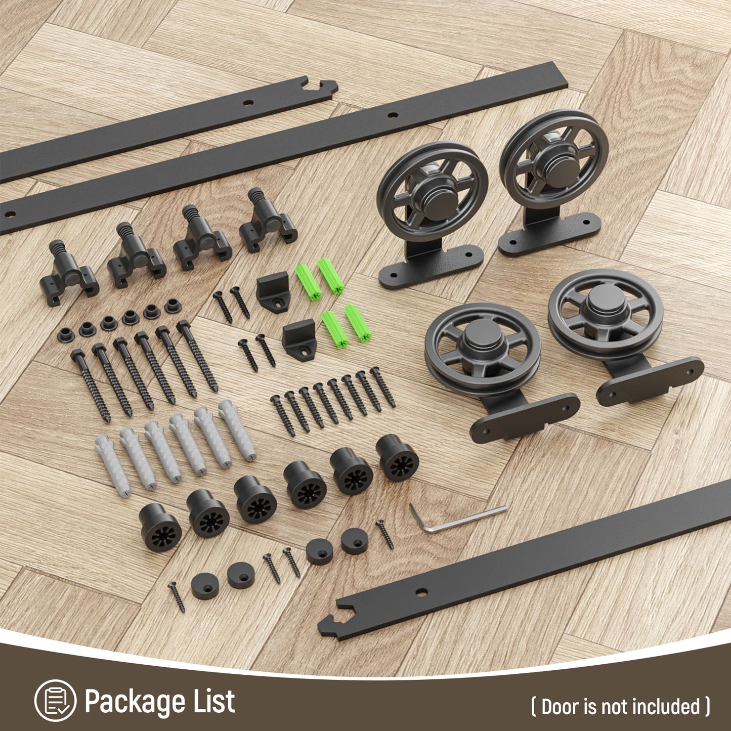Schiebetürbeschlag Doppeltür 325cm Schiebetüren Schiebetürsystem Komplettset Laufschiene Rollen Set Schwarz für 2 Holztür 81cm Breit, Mittlere Rolle in T-Form