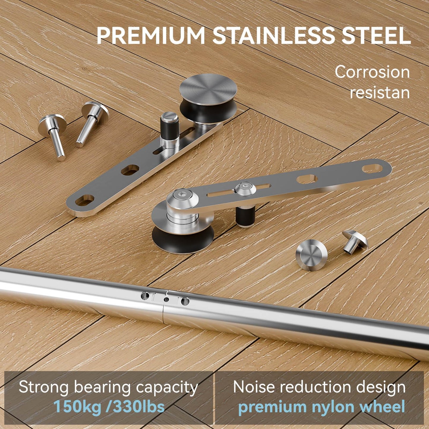 Schiebetürbeschlag Edelstahl Doppeltür 244cm Schiebetüren Schiebetürsystem Komplettset Laufschiene Rollen Set für 2 Holztür 61cm Breit, I Form