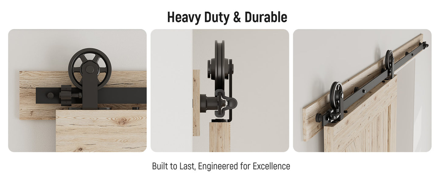 Schiebetürbeschlag 173cm Schiebetüren Schiebetürsystem Komplettset Laufschiene Rollen Set Schwarz für 1 Holztür 86cm Breit, Mittlere Rolle in T-Form