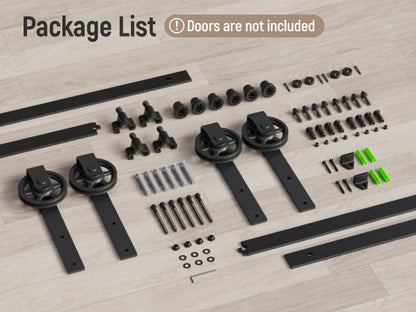 Schiebetürbeschlag Doppeltür 366cm Schiebetüren Schiebetürsystem Komplettset Laufschiene Rollen Set Schwarz für 2 Holztür 91cm Breit, Mittlere Rolle in J-Form