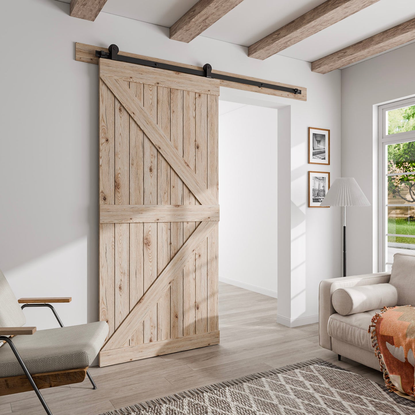 Schiebetürbeschlag 173cm Schiebetüren Schiebetürsystem Komplettset Laufschiene Rollen Set Schwarz für 1 Holztür 86cm Breit, Kleine Rolle in T-Form