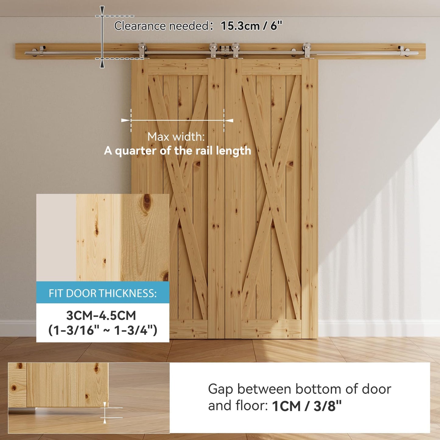 Schiebetürbeschlag Edelstahl Doppeltür 244cm Schiebetüren Schiebetürsystem Komplettset Laufschiene Rollen Set für 2 Holztür 61cm Breit, T Form