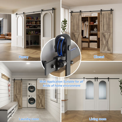 Schiebetürbeschlag Doppeltür 366cm Schiebetüren Schiebetürsystem Komplettset Laufschiene Rollen Set Schwarz für 2 Holztür 91cm Breit, Kleine Rolle in J-Form