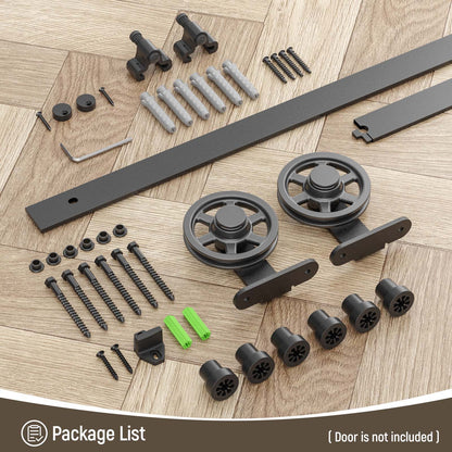 Schiebetürbeschlag 183cm Schiebetüren Schiebetürsystem Komplettset Laufschiene Rollen Set Schwarz für 1 Holztür 91cm Breit, Mittlere Rolle in T-Form