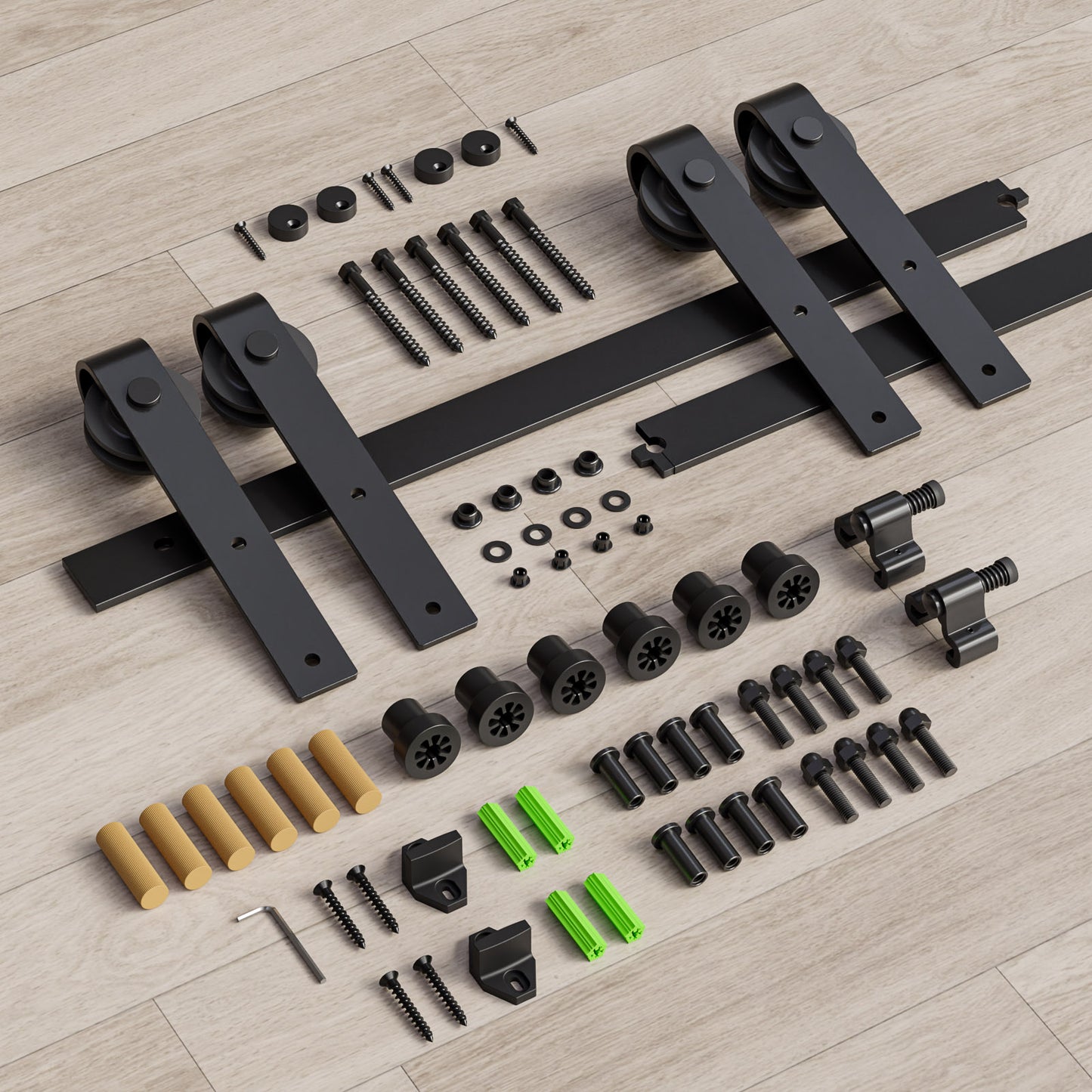 Schiebetürbeschlag Doppeltür 396cm Schiebetüren Schiebetürsystem Komplettset Laufschiene Rollen Set Schwarz für 2 Holztür 99cm Breit, Kleine Rolle in J-Form