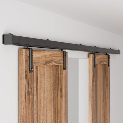 BONIKLUBA Box Rail Sliding Barn Door Hardware,Wall Mount Box Track Exterior Kit for Double Door,Black Heavy Duty(No Door)
