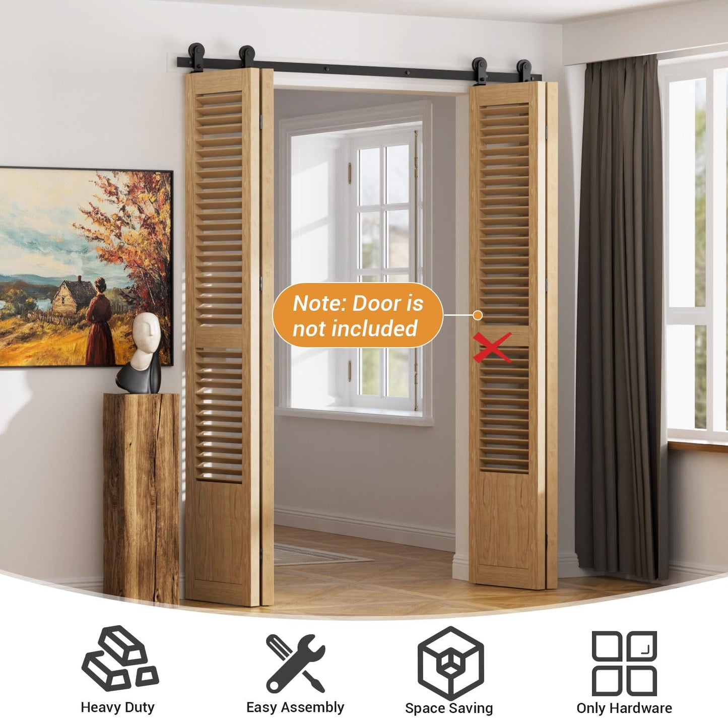 203cm/6.6FT Bifold Schiebetürbeschlag Schiebetüren Schiebetürsystem Komplettset Laufschiene Rollen Set Schwarz für 4 Holztür 49cm Top Mount T Rad